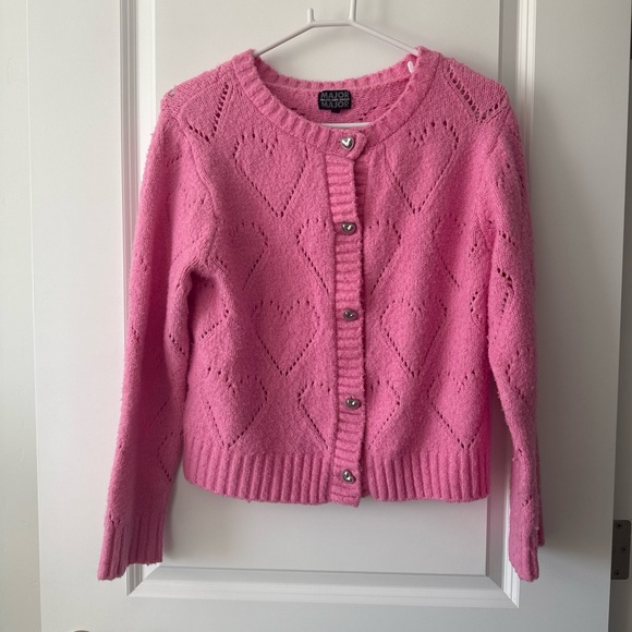 Sweaters - Pink Heart Knit Button-Up Cardigan Sweater